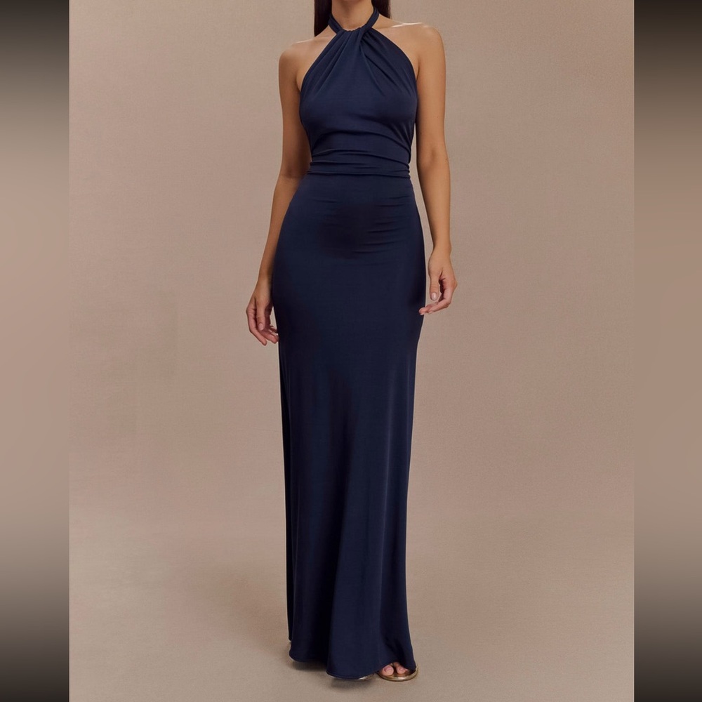 BRAND NEW! NEVER WORN! MESHKI NAVY ELYNA SLINKY HALTER MAXI DRESS. SIZE XS.